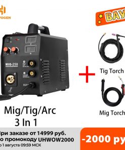 Máquina de soldadura HZXVOGEN, 220V, MIG250 MIG TIG ARC 3 en 1, soldador Mig 10-25mm antorcha WP17V TIG